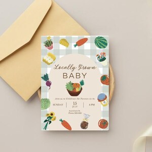 Locally Grown Baby Shower Invitation | Farmers Market Theme | Gender Neutral | Editable in Canva | Digital Download | Printable