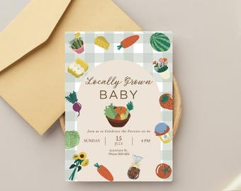 Locally Grown Baby Shower Invitation | Farmers Market Theme | Gender Neutral | Editable in Canva | Digital Download | Printable