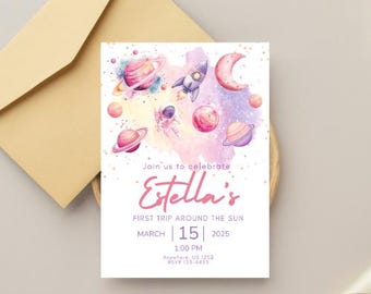 Invitación para primer viaje alrededor del sol / Primer cumpleaños en colores pastel / Plantilla de planetas de género neutro / Editable en Canva / Descarga digital