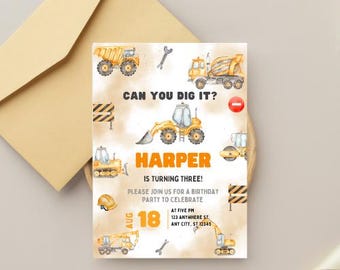 Can You Dig It Construction Birthday Invitation | Excavator Dump Truck Party | Editable in Canva | Boys Birthday | Digital Download