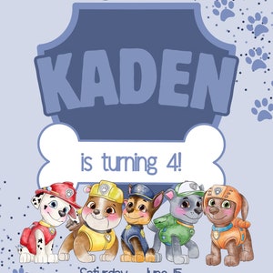 Close-up of Pastel blue puppy birthday invitation template with heroic puppy character