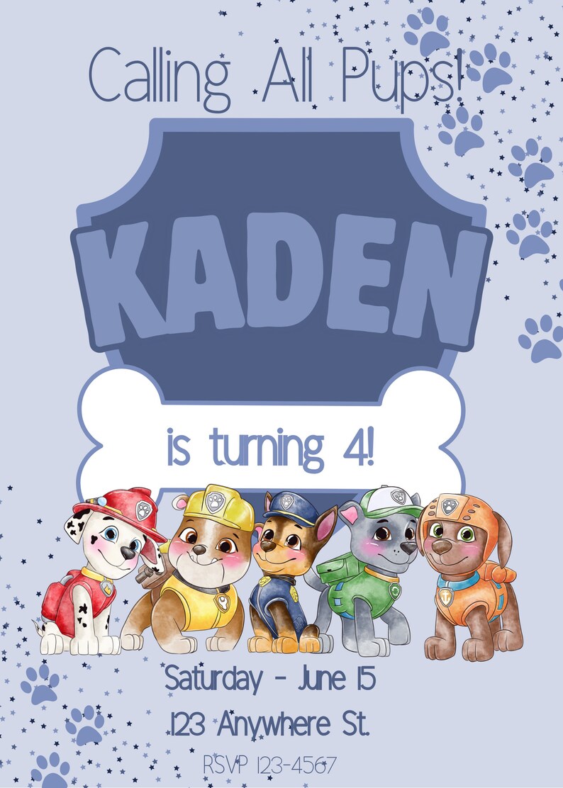 Close-up of Pastel blue puppy birthday invitation template with heroic puppy character