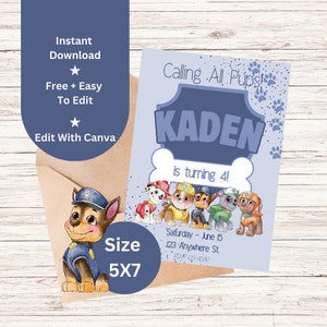 Pastel blue puppy birthday invitation template with heroic puppy character