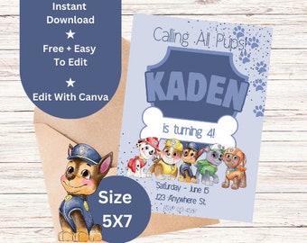 Pastel Blue Puppy Birthday | Digital Editable Template | Dog Theme Party | Boys Girls Kids Invitation | Printable 5x7 | Instant Download