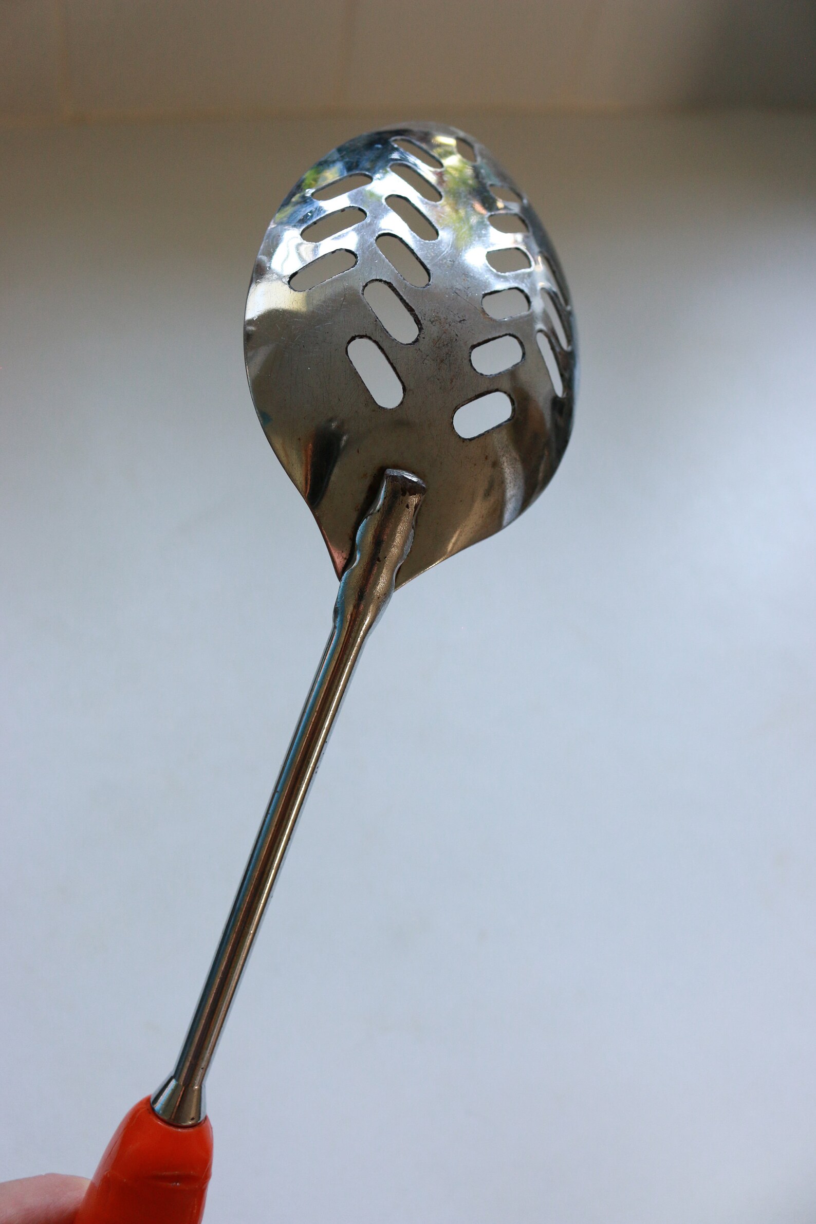 Vintage slotted serving spoon Plastic orange handle metal Etsy