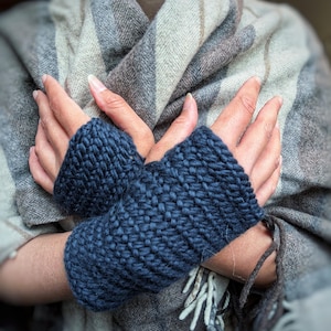 May include: A pair of blue knitted fingerless gloves with a white and grey striped scarf.
