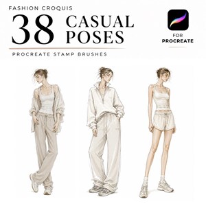 May include: A digital set of 38 fashion croquis casual poses for Procreate stamp brushes. The image displays three sketches of figures in neutral-toned loungewear, including tank tops, sweatpants, a zip-up sweatshirt, and shorts with sneakers.