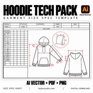 Hoodie Tech Pack Template: Editable Illustrator CAD & Size Spec Sheet, AI PDF Png