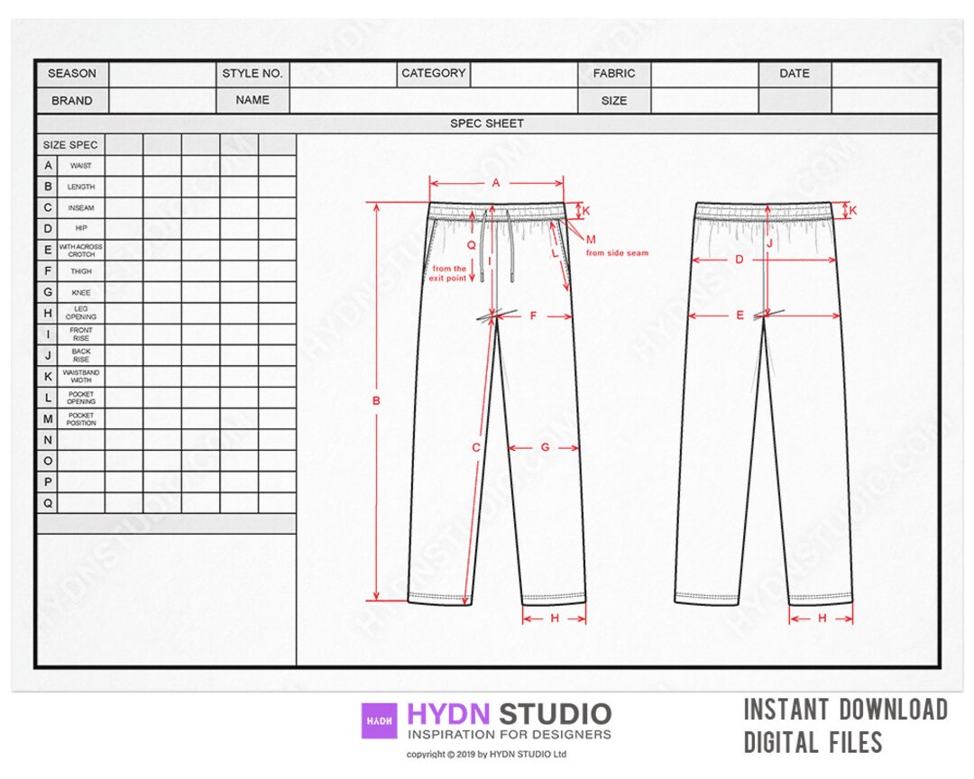 Track Pants Tech Pack Template Size Spec Sheet Fashion CAD Template 