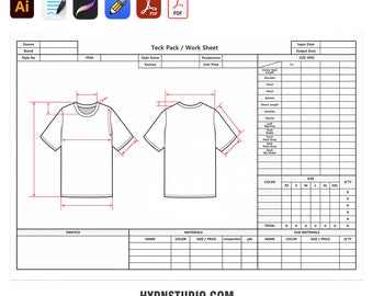 Vector T-Shirt Fashion Flat Sketches & Size Spec Sheet - Complete TechPack Template - AI, PDF, High-Res Images