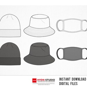 May include: A set of six digital illustrations of clothing accessories. The set includes two white and two gray bucket hats, two white and two gray face masks, and two white and two gray beanies.