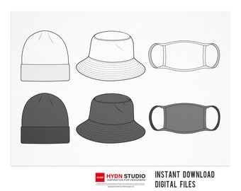 Face mask, Bucket Hat, Beanie Flat sketch SET, Fashion flats, Fashion Design Template, Fashion print, Dawing fashion, Teck Pack