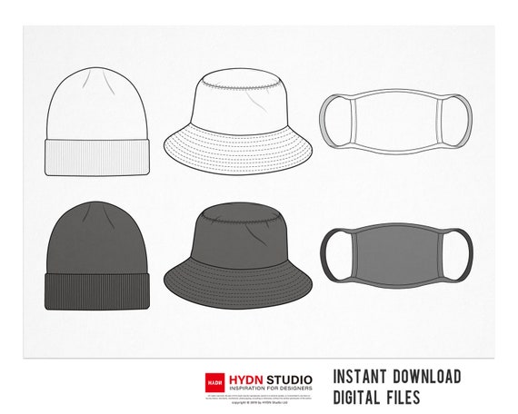 Download Face Mask Bucket Hat Beanie Flat Sketch Set Fashion Flats Etsy