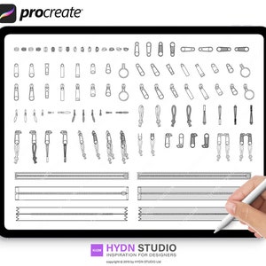 Pode incluir: Uma ilustração digital de vários puxadores, deslizadores e dentes de zíper. A ilustração é em preto e branco e é exibida na tela de um tablet. O texto "HYDN STUDIO" e "INSPIRATION FOR DESIGNERS" está na parte inferior da imagem.