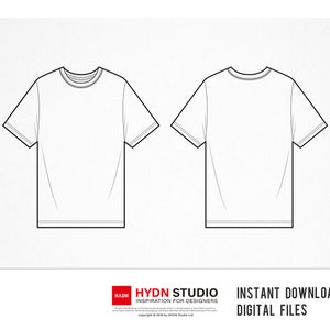 Pode incluir: Um desenho de linha preto e branco de uma camiseta, mostrando as vistas frontal e traseira. A camiseta tem um decote redondo e mangas curtas.