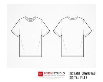 Puede incluir: Un dibujo en blanco y negro de una camiseta, mostrando tanto la vista frontal como la posterior. La camiseta tiene cuello redondo y mangas cortas.