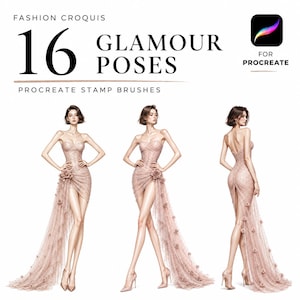 16 Glamour Poses Procreate Fashion Stamps, Fashion Croquis Brush Set, Figure Template for Fashion Illustration, Elegant Pose Reference