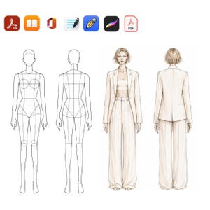 Op de afbeelding: Een mode-illustratie met twee sets figuren: een paar zwart-wit lijntekeningen van lichaamsmodellen in voor- en achteraanzicht, en twee ingekleurde figuren die een beige blazer, een bijpassende wijde broek en een crop top dragen.