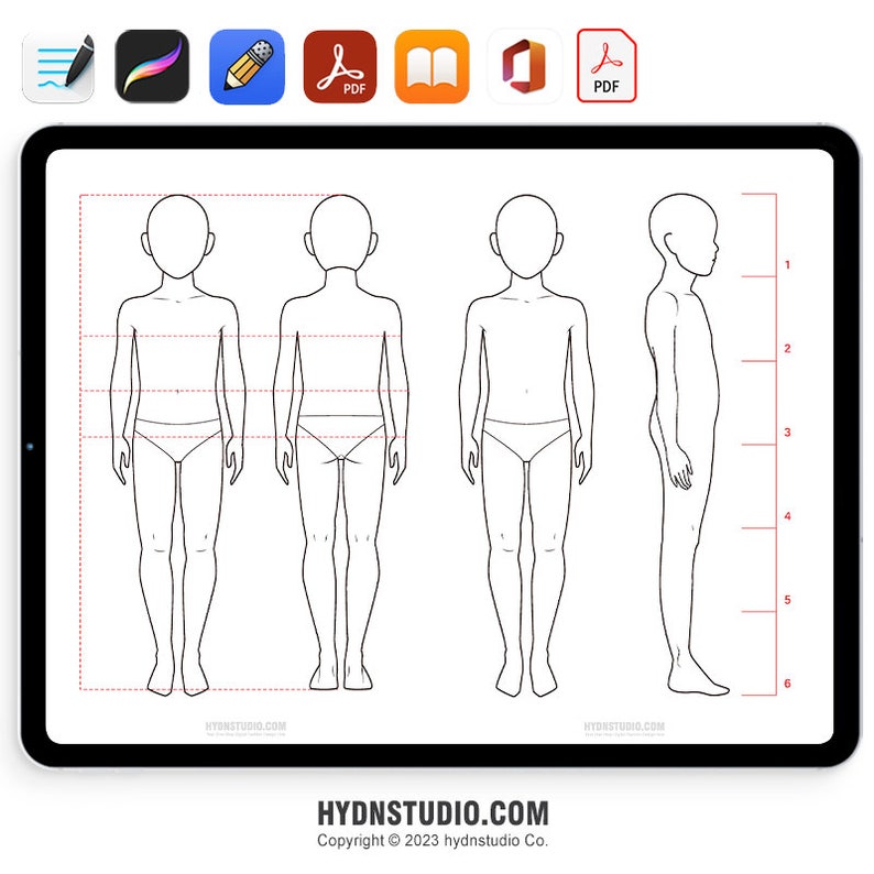 Pu&ograve; includere: Un disegno digitale su schermo di tablet che mostra quattro figure a linee bianche e nere di un bambino in diverse pose: vista frontale, posteriore, frontale e laterale. Una scala verticale rossa numerata da uno a sei &egrave; sulla destra.