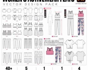 Diseños vectoriales de moda para ropa deportiva femenina: plantillas en AI, PDF y PNG.