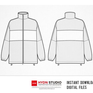 Puede incluir: Un dibujo técnico de líneas de una chaqueta mostrado desde la vista frontal y trasera. La chaqueta presenta un cuello alto, una cremallera frontal completa, mangas largas con puños elásticos y un dobladillo con cordón. Incluye costuras horizontales.