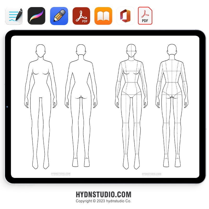 Fashion Design Template, Body Croquis Template Female, Fashion Figure  Templates, Drawing Template for Clothing Designers, Sample Body Png 