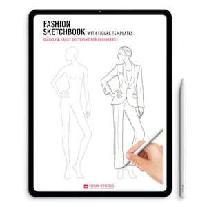 Könnte beinhalten: Eine digitale Zeichenvorlage für Modedesign mit zwei Figuren in verschiedenen Posen. Die Vorlage ist so konzipiert, dass sie das schnelle und einfache Skizzieren von Modedesigns für Anfänger ermöglicht. Der Text "FASHION SKETCHBOOK WITH FIGURE TEMPLATES QUICKLY & EASILY SKETCHING FOR BEGINNERS!" befindet sich oben auf der Seite. Der Text "HYDN STUDIO INSPIRATION FOR DESIGNERS" befindet sich unten auf der Seite.