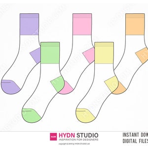 May include: A set of five white socks with colored cuffs, heels, and toes in shades of lavender, light green, pink, yellow, and orange. The illustration features clean black outlines and includes the text HYDN STUDIO INSPIRATION FOR DESIGNERS.