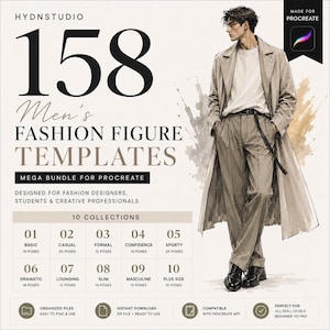 May include: A digital product bundle titled 158 Men's Fashion Figure Templates for Procreate. The graphic features a sketch of a person in a trench coat and trousers, with a list of 10 pose collections including basic, casual, formal, and sporty styles.