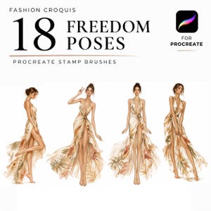 May include: A digital set of 18 fashion croquis freedom poses as Procreate stamp brushes. The image displays four illustrations of figures wearing flowing, tropical-print dresses with high slits, presented against a plain white background.