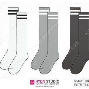 May include: Three pairs of knee-high socks in white, gray, and black. Each pair features two horizontal stripes at the top cuff. The design is presented as a flat digital illustration with the text HYDN STUDIO INSPIRATION FOR DESIGNERS.
