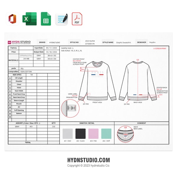 Tech Pack-sjabloon (Engels a4-formaat) 02 / Technische tekeningen / Fashion CAD / Excel-sjabloon