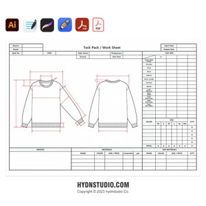 May include: A black and white technical drawing of a long-sleeved sweatshirt with a crew neck. The drawing includes measurements for the garment and a size chart.