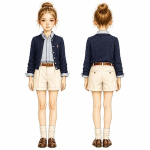 Pu&ograve; includere: Un cardigan blu navy a trecce indossato sopra una camicia a righe azzurre e bianche, abbinato a pantaloncini beige, una cintura in pelle marrone, calzini color crema e mocassini marroni, mostrati sia di fronte che di schiena.