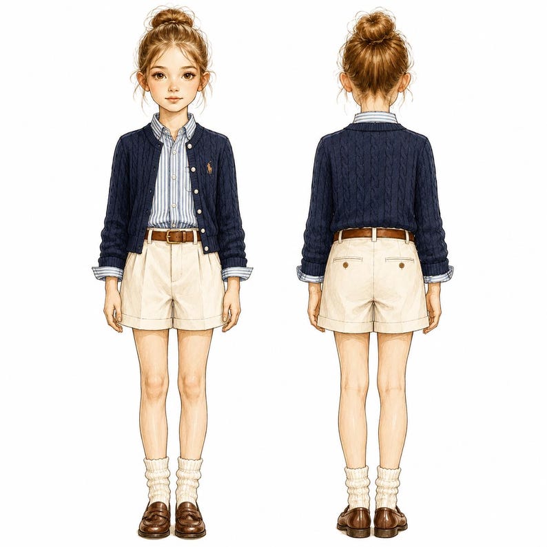 Pu&ograve; includere: Un cardigan blu navy a trecce indossato sopra una camicia a righe azzurre e bianche, abbinato a pantaloncini beige, una cintura in pelle marrone, calzini color crema e mocassini marroni, mostrati sia di fronte che di schiena.