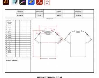 Vector T-Shirt Fashion Flat Sketches & Size Spec Sheet 02 - Complete TechPack Template - AI, PDF, High-Res Images