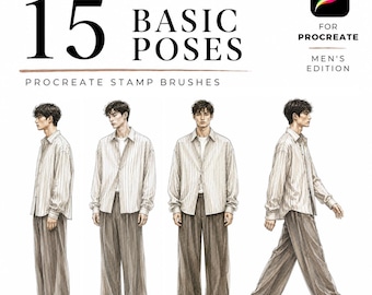 15 Basic Men's Poses Procreate Fashion Stamps, Male Fashion Croquis Brush Set, Figure Template for Menswear Illustration