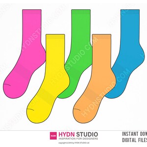 May include: A set of five solid-colored socks in bright pink, yellow, lime green, orange, and blue. Each sock features a standard crew length design with a defined heel and toe area. The text HYDN STUDIO is visible at the bottom of the image.