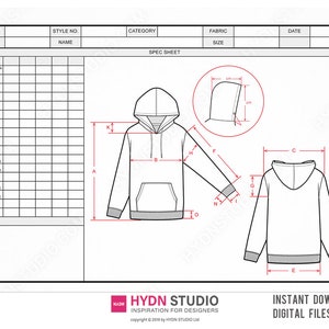 Digital Fashion Techpack Template with Vector Hoodie CAD and Flat Sketches