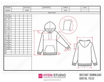 Digital Fashion Techpack Template with Vector Hoodie CAD and Flat Sketches
