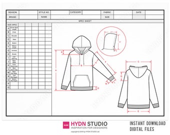 Vector Hoodie + Size Spec Sheet / TechPack template / Technical Drawings / Fashion CAD / Flat sketch