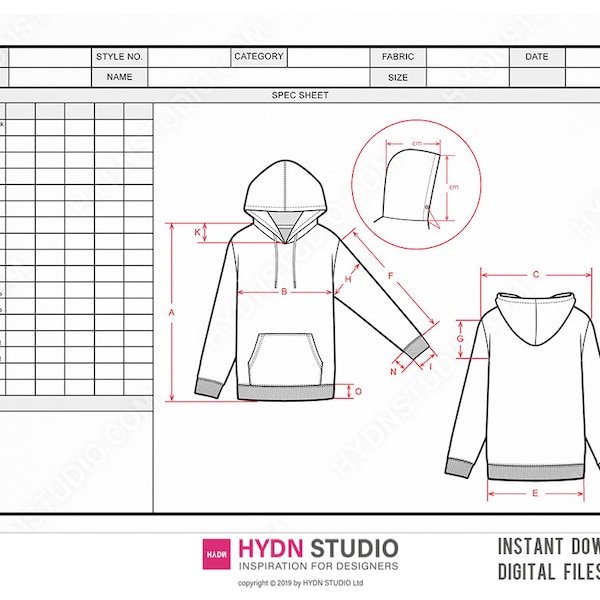 Vector Hoodie + Size Spec Sheet / TechPack template / Technical Drawings / Fashion CAD / Flat sketch