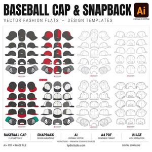 Paket med vektorskisser för basebollkeps och snapback: Illustrator AI, PDF