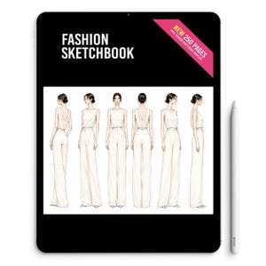 以下が含まれることがあります： 黒いデジタルファッションスケッチブックタブレットと白いスタイラスペン。画面には「FASHION SKETCHBOOK」の文字と、「NEW 250 PAGES 300+ FASHION BODY FIGURE TEMPLATE」と書かれたピンクのバナーが表示されています。下部には白い服を着た人物のイラストが6つ描かれています。