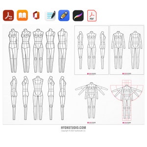 Può includere: Un set di modelli di design di moda per creare design di abbigliamento. I modelli includono una varietà di pose e angolazioni, tra cui viste frontali, posteriori, laterali e a tre quarti. I modelli sono progettati per essere utilizzati con una varietà di strumenti di disegno, come matite, penne e pennarelli.