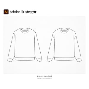 May include: Two white crewneck sweatshirts are displayed in a technical drawing. The image includes the text "Adobe Illustrator" and the website "HYDNSTUDIO.COM". The sweatshirts have long sleeves and ribbed cuffs and hem.