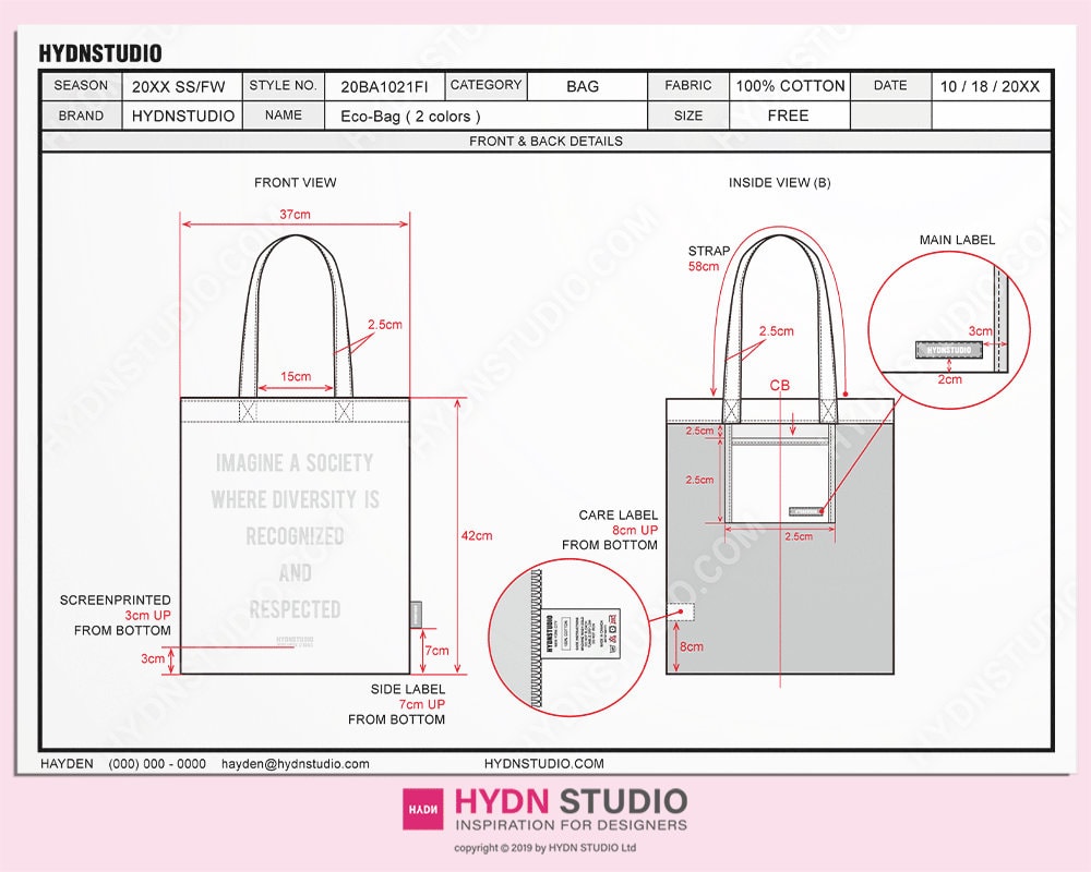 Eco-bag tote Bag Tech Pack / Techpack Template / Technical Drawings ...
