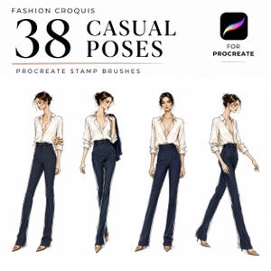May include: A digital set of 38 fashion croquis casual poses as Procreate stamp brushes. The image displays four illustrations of a figure wearing a white button-down shirt and dark navy trousers in various standing positions, with the text FASHION CROQUIS 38 CASUAL POSES PROCREATE STAMP BRUSHES FOR PROCREATE.