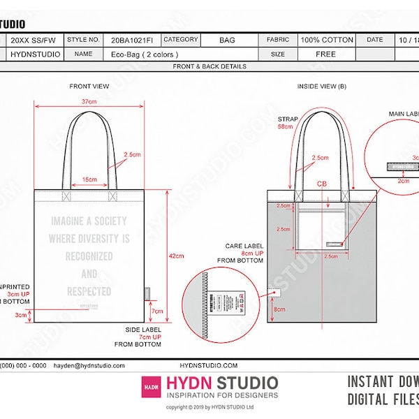 Eco-Bag (Tote Bag) Tech Pack / TechPack-sjabloon / Technische tekeningen / Mode CAD / Platte schets