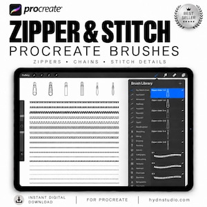 Puede incluir: Una pantalla de tableta digital muestra el conjunto de pinceles Procreate Zipper & Stitch, con varios patrones de cremalleras, cadenas y puntadas. La interfaz muestra un menú de biblioteca de pinceles y un lienzo con ejemplos de trazos.
